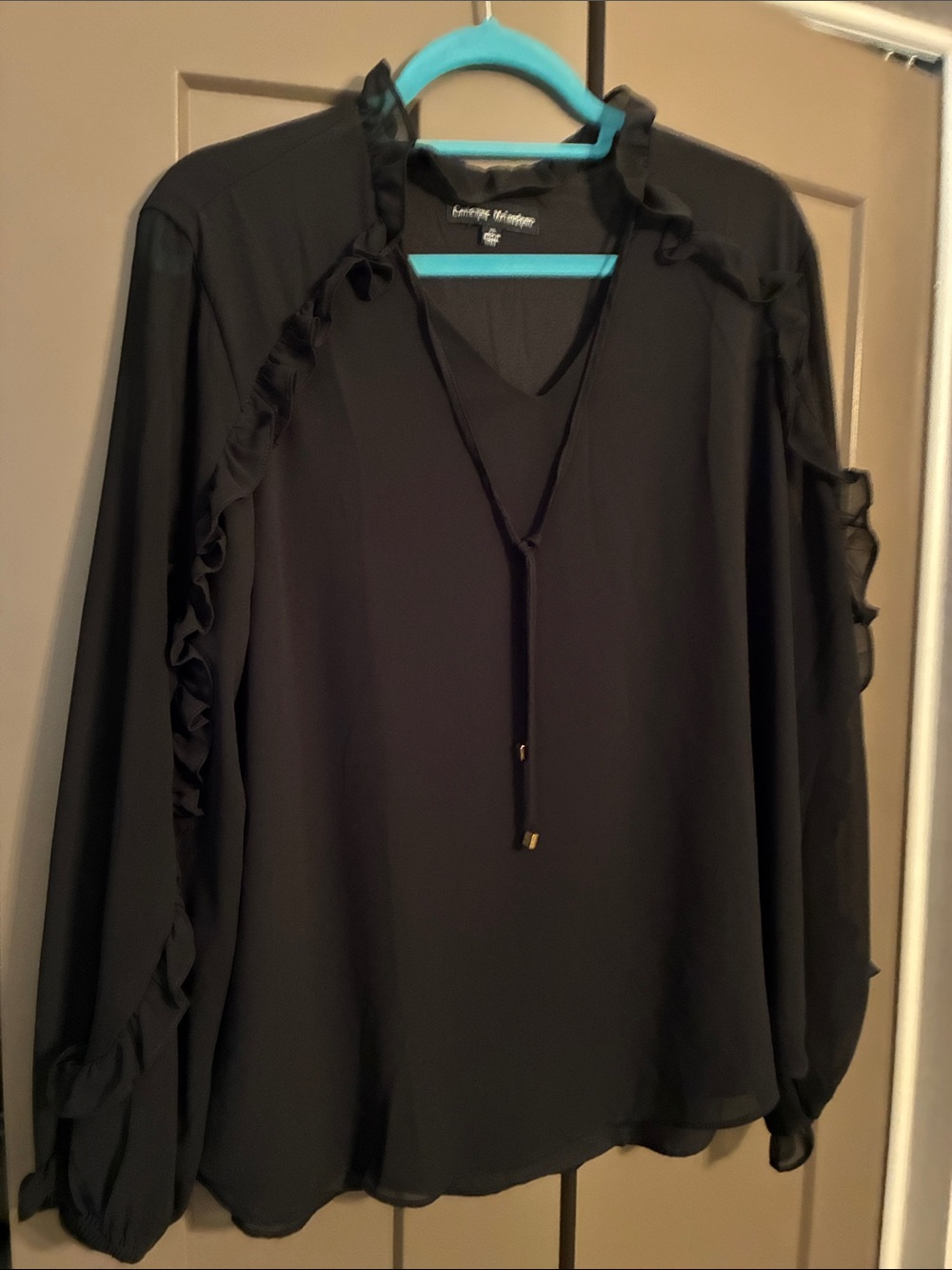 Catherine Malandrino Black Ruffle-Trim Tie Neck Blouse Size XL
